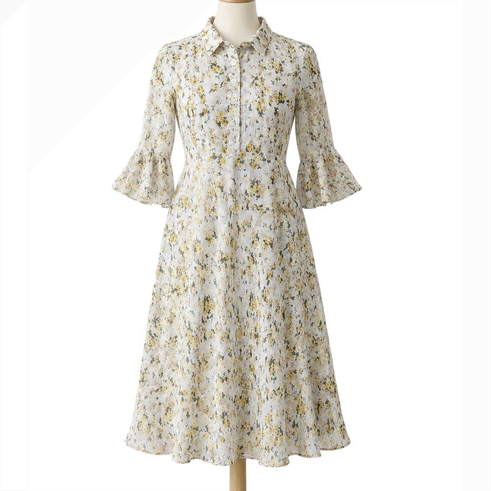 Vintage Handmade Yellow Floral Cottagecore Midi Dress Sheer Chiffon Romantic M